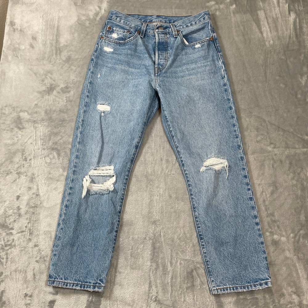 Levis 501 Jeans W27 L26 Original High Rise Straight Leg Distressed Light Wash